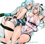  2girls arm_up armpits ashiomi_masato ass ass_cutout back bandaged_arm bandaged_leg black_gloves blue_hair breasts brown_eyes cleavage drag-on_dragoon drag-on_dragoon_3 elbow_gloves fingerless_gloves flower_eyepatch frilled_panties frills gloves kaine_(nier) lingerie long_hair looking_at_viewer multiple_girls navel nier panties twitter_username underwear violet_eyes white_gloves white_hair white_panties zero_(drag-on_dragoon) 