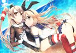  2girls amatsukaze_(kantai_collection) arched_back back bangs beach between_legs black_bow black_dress black_panties blonde_hair blue_skirt blue_sky blush bow brown_eyes choker closed_mouth crop_top debi_(akuma) dress eyebrows eyebrows_visible_through_hair floating_hair garter_straps gloves green_eyes hair_between_eyes hair_tubes hairband highleg highleg_panties highres holding_hands interlocked_fingers kantai_collection leaning_back leaning_forward leaning_on_person lens_flare lifebuoy long_hair looking_at_viewer microskirt miniskirt multiple_girls ocean outdoors panties parted_lips red_legwear sailor_collar sailor_dress shimakaze_(kantai_collection) short_dress silver_hair sitting skirt sky sleeveless striped striped_legwear sun tassel thigh-highs thong thong_panties two_side_up underwear white_gloves windsock 