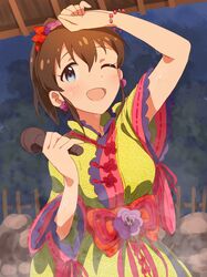  1girl blue_eyes blush brown_hair dani-ikapi idolmaster idolmaster_million_live! japanese_clothes looking_at_viewer microphone open_mouth ponytail satake_minako smile solo 