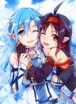  2girls asuna_(sao) asuna_(sao-alo) blue_eyes blue_hair breastplate detached_sleeves fingerless_gloves gloves hairband hug jianmo_sl long_hair multiple_girls one_eye_closed pointy_ears purple_hair red_eyes sword_art_online yuuki_(sao) 