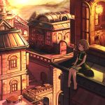  1girl :o animal arch bare_arms bare_legs barefoot black_cat blue_eyes blush book bridge brown_hair building buttons cafe cat city closed_eyes desk dress evening full_body gogatsu_no_renkyuu green_dress house lamppost lantern light looking_at_viewer open_book original outdoors parted_lips pointy_ears rooftop scroll short_hair short_sleeves sign sitting sleeping solo sunlight sunset table test_tube water whiskers 