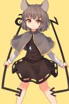  1girl animal_ears brown_eyes brown_skirt capelet commentary dowsing_rod dual_wielding grey_hair highres jewelry legs_apart long_sleeves looking_at_viewer miniskirt mouse_ears mouse_tail nazrin necklace pendant shone short_hair simple_background skirt skirt_set smile solo tail touhou 