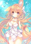  1girl animal_ears bare_shoulders blonde_hair blush bow breasts bubble cleavage collar dress eyebrows eyebrows_visible_through_hair fox_ears fox_tail hair_ribbon holding holding_hair long_hair looking_at_viewer open_mouth original p19 ribbon solo tail underwater very_long_hair violet_eyes white_dress 