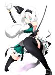  1girl action adapted_costume alternate_costume black_gloves black_legwear detached_sleeves dual_wielding expressionless fingerless_gloves gloves green_eyes hairband highres hitodama japanese_clothes katana konpaku_youmu konpaku_youmu_(ghost) long_sleeves looking_at_viewer pose shirt short_hair simple_background skirt skirt_set solo suiu_shinotsuku sword thigh-highs touhou weapon white_background white_hair wide_sleeves 