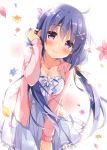  1girl ahoge blue_hair blush breasts cleavage dress flower hair_ornament hair_ribbon hairclip jewelry large_breasts long_hair long_sleeves looking_at_viewer low_twintails necklace original pan_(mimi) petals ribbon simple_background smile solo twintails very_long_hair violet_eyes white_background x_hair_ornament 