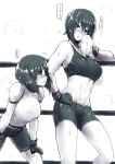  2girls abs bike_shorts dripping girls_und_panzer gloves greyscale hand_on_hip hands_on_own_knees hands_on_own_thighs looking_at_another midriff monochrome multiple_girls nishizumi_maho nishizumi_miho short_hair siblings sisters sports_bra sweat sweating tobisawa towel wiping_sweat 
