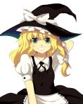  1girl apron blizzomos blonde_hair bow braid green_eyes grin hair_bow hand_behind_head hat hat_bow highres kirisame_marisa looking_at_viewer puffy_sleeves short_sleeves side_braid single_braid smile solo touhou upper_body waist_apron white_background witch_hat yellow_eyes 