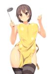  1girl apron black_legwear blush breasts brown_eyes brown_hair covered_nipples holding ladle large_breasts nearly_naked_apron polka_dot polka_dot_apron samegami short_hair simple_background smile solo striped striped_legwear thigh-highs thumbs_up white_background 