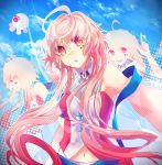  1girl :o clouds cloudy_sky gradient_hair highres index_finger_raised kirame_kirai long_hair looking_at_viewer maika_(vocaloid) midriff multicolored_hair multiple_persona navel open_mouth pink_hair red_eyes sky sleeveless smile solo triangle upper_body vocaloid 
