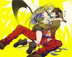  1boy 1girl bandage_on_face bandaged_hands bandages black_hair blonde_hair blue_eyes choker copyright_name gun hood hoodie hug isaac_foster kuro_no_haijin long_hair rachel_gardner satsuriku_no_tenshi scythe shirt short_hair shorts striped striped_shirt weapon 