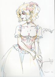  1girl breasts choker cleavage collarbone corset dress flandre_scarlet gown hair_ribbon looking_away mago_(gengennikoniko) older puffy_short_sleeves puffy_sleeves ribbon ribbon_choker short_sleeves side_ponytail solo touhou traditional_media 