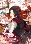  1boy alternate_hair_length alternate_hairstyle brown_hair cherry_blossoms earrings fan folding_fan hair_down jewelry kashuu_kiyomitsu long_hair looking_back lying male_focus mole mole_under_mouth mouth_hold niiko on_stomach petals red_eyes scarf solo touken_ranbu 