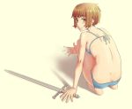  1girl bare_back bikini bikini_top blue_bikini blush brown_hair butt_crack dimples_of_venus from_behind highres looking_at_viewer looking_back mole mole_on_breast mr_very original shadow short_hair simple_background smile solo squatting swimsuit sword weapon yellow_eyes 