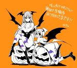  2girls :d ass bare_back bare_shoulders bat_print bat_wings blush boots breasts bridal_gauntlets cleavage commentary_request crossed_legs flat_chest head_wings high_heels jack-o&#039;-lantern kekocha large_breasts leotard lilith_aensland long_hair looking_at_viewer lying monochrome morrigan_aensland multiple_girls open_mouth pantyhose print_legwear short_hair sitting smile spot_color translation_request vampire_(game) wings 
