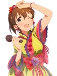  1girl blue_eyes blush brown_hair dani-ikapi idolmaster idolmaster_million_live! japanese_clothes looking_at_viewer microphone open_mouth ponytail satake_minako simple_background smile solo 