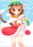  1girl :3 animal_ears bloomers bow brown_eyes brown_hair bucket cat_ears cat_tail chen flying_sweatdrops hat ibarashiro_natou mob_cap multiple_tails nekomata shirt skirt skirt_lift skirt_set solo tail touhou two_tails underwear vest 