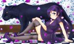  1girl bad_id breasts cleavage flower green_eyes highres hiro9779 long_hair love_live!_school_idol_project low_twintails panther purple_hair scrunchie solo thigh-highs toujou_nozomi twintails 