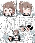 ... admiral_(kantai_collection) bangs blush_stickers brown_eyes brown_hair clenched_hands comic commentary_request folded_ponytail gomennasai hair_ornament hairclip hand_on_forehead hands_on_own_face hat inazuma_(kantai_collection) kantai_collection neckerchief nervous peaked_cap pleated_skirt rigging school_uniform serafuku skirt sleeves_past_wrists socks spoken_ellipsis sweatdrop tears translated wavy_mouth 