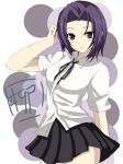 1girl alternate_costume alternate_hairstyle arm_up artist_name commentary_request kantai_collection purple_hair short_hair simple_background skirt solo tatsuta_(kantai_collection) violet_eyes white_background yanagi_wakana 