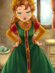  1girl blush breasts brown_hair curly_hair dragon_quest dragon_quest_vii drawer dress green_dress green_eyes hands_on_hips indoors long_hair looking_at_viewer maribel okitsugu open_mouth redhead solo standing vase window 