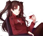  1girl alcohol armchair bangs black_legwear black_ribbon brown_hair chair cross_print crossed_legs cup drink drinking_glass fate/stay_night fate_(series) green_eyes hair_ribbon holding holding_glass lips liquid long_hair looking_at_viewer pantyhose parted_bangs parted_lips red_sweater ribbon shiguru sitting slit_pupils smirk solo sweater toosaka_rin twintails wine wine_glass 