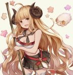  1girl :d ahoge anila_(granblue_fantasy) bamboo_broom black_skirt blonde_hair blush breasts broom cleavage granblue_fantasy horns large_breasts lialight long_hair looking_at_viewer midriff open_mouth pleated_skirt sheep sheep_horns skirt smile solo standing very_long_hair yellow_eyes 