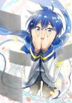 1boy blue_eyes blue_hair crying crying_with_eyes_open from_above kaito kikuchi_mataha male_focus musical_note nail_polish petals quaver solo tears vocaloid 