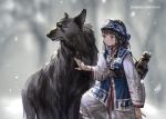  1girl 2016 ainu_clothes animal bandana black_eyes black_hair blurry blush dated depth_of_field earrings irua jewelry long_hair long_sleeves necklace original outdoors sash snow snowing solo wolf yellow_eyes 