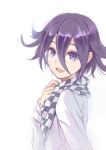  1boy :d checkered_neckwear cravat dangan_ronpa eyebrows_visible_through_hair hair_between_eyes hand_on_own_chest long_sleeves looking_at_viewer looking_to_the_side male_focus new_dangan_ronpa_v3 open_mouth ouma_kokichi purple_hair ringed_eyes shiro_q~ shirt simple_background smile upper_body violet_eyes white_background white_shirt 