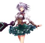  1girl bare_legs black_gloves black_ribbon blue_eyes breasts center_opening ciel_alencon corset cowboy_shot expressionless fingerless_gloves gloves god_eater god_eater_2:_rage_burst green_skirt hair_between_eyes hair_ribbon head_tilt holding holding_weapon ishiwari large_breasts layered_skirt looking_at_viewer messy_hair parted_lips red_ribbon ribbon shirt short_hair silver_hair simple_background skirt solo turtleneck white_background white_shirt wrist_cuffs 