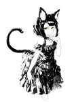  1girl animal_ears bangs bare_shoulders black_dress black_hair blunt_bangs cat_ears cat_tail choker collarbone commentary_request dress frilled_dress frills halterneck hand_on_own_chest highres jaco layered_dress looking_at_viewer monochrome off-shoulder_dress off_shoulder original short_hair simple_background skirt skirt_hold sleeveless slit_pupils solo spot_color tail upper_body white_background yellow_eyes 