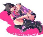 1girl ;o animal_ears asymmetrical_legwear bare_shoulders black_boots black_hair black_legwear black_shorts boots bracelet breasts brown_eyes choker cleavage dated elbow_gloves eyebrows eyebrows_visible_through_hair fetal_position fingerless_gloves fox_ears full_body gloves god_eater god_eater_2:_rage_burst hair_ornament hairclip hand_in_hair ishiwari jewelry knee_boots kneehighs kouzuki_nana looking_at_viewer lying mismatched_gloves navel on_side one_eye_closed open_clothes open_mouth open_vest pink_gloves pink_vest round_teeth short_hair short_shorts shorts side_slit single_kneehigh single_thighhigh solo stomach strapless teeth text thigh-highs thigh_strap translation_request tubetop vest yawning 