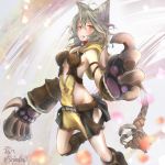  1girl animal_ears blush boots braid breasts brown_boots brown_eyes claws gloves granblue_fantasy hair_between_eyes highres long_hair looking_at_viewer open_mouth sen_(granblue_fantasy) shimono_(utapre) silver_hair skirt solo twitter_username 