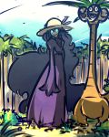  1girl alolan_exeggutor exeggutor hat hex_maniac_(pokemon) highres kafuka5364 light_blue_eyes long_hair messy_hair npc palm_tree pokemon pokemon_(creature) pokemon_(game) pokemon_sm pokemon_xy purple_hair sandygast shovel sun_hat tree tropical worktool 