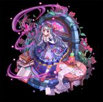  1girl black_background book bookmark cup dress elbow_gloves envelope flower gloves hat holding_staff lamp letter long_hair looking_at_viewer miazi open_book original plant purple_dress purple_hair red_shoes shoes solo staff table teacup very_long_hair vines violet_eyes white_gloves 