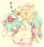  1girl blonde_hair bow breasts cleavage closed_eyes collarbone colored_pencil_(medium) cup curly_hair drinking_glass fingernails flandre_scarlet frilled_sleeves frills hair_bow heart holding long_fingernails macaron mago_(gengennikoniko) nail_polish no_hat older pink_bow profile red_nails short_hair side_ponytail solo touhou traditional_media upper_body wine_glass 