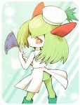  alternate_hairstyle boots flag from_behind green_boots green_hair hat holding kirlia looking_back minashirazu no_humans pokemon pokemon_(creature) red_eyes sailor_collar solo striped striped_background 