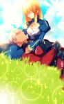  archer black_shirt blonde_hair blue_sky closed_eyes clouds dark_skin dress fate/stay_night fate_(series) grass hand_on_another&#039;s_head jacket kuriiro_benishi lying_on_lap red_jacket saber shirt sky sleeping sleeping_on_person smile white_hair 