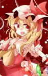  1girl ascot blonde_hair bow crystal fang flandre_scarlet hat hat_bow hat_ribbon highres mob_cap open_mouth pointy_ears puffy_short_sleeves puffy_sleeves red_eyes ribbon short_sleeves side_ponytail skirt skirt_set solo touhou tsumurikoto wings wrist_cuffs 