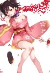  1girl black_hair brown_eyes choker floral_print flower hair_ribbon hand_on_own_face highres japanese_clothes kimono koutetsujou_no_kabaneri long_sleeves looking_at_viewer mugcup mumei_(kabaneri) off_shoulder open_mouth red_lips ribbon ribbon_choker short_hair short_kimono smile solo spider_lily twintails white_background 