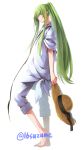  1boy barefoot enkidu_(fate/strange_fake) fate/strange_fake fate_(series) green_eyes green_hair hair hat holding holding_hat long looking_at_viewer pants pants_rolled_up ponytail robe solo somemiya_suzume sun_hat 