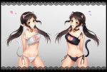  1girl animal_ears bell bell_choker black_bra black_hair blush bra brown_eyes cat_cutout cat_ear_panties cat_ears cat_lingerie cat_tail choker cleavage_cutout dual_persona idolmaster idolmaster_cinderella_girls jingle_bell long_hair nakano_yuka navel open_mouth panties redmamon side-tie_panties tail twintails underwear underwear_only white_bra 