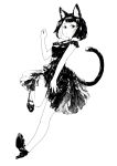  1girl animal_ears bangs bare_shoulders black_dress black_hair blunt_bangs cat_ears cat_tail choker commentary_request dress frilled_dress frills halterneck hand_up high_heels highres jaco layered_dress leg_up looking_at_viewer looking_to_the_side monochrome off-shoulder_dress off_shoulder original short_hair skirt skirt_hold sleeveless slit_pupils solo spot_color tail white_background yellow_eyes 