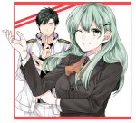  1boy 1girl admiral_(kantai_collection) admiral_shinonome_harutora aqua_hair border female hair_ornament hairclip kamen_rider kantai_collection male military military_uniform nagomi_(mokatitk) one_eye_closed red_border suzuya_(kantai_collection) uniform 