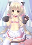  1girl animal_ears blonde_hair blush cat_ears cat_tail fang futaba_anzu idolmaster idolmaster_cinderella_girls long_hair maid navel niki_(aroma_terrace) open_mouth paws small_breasts solo stuffed_animal stuffed_bunny stuffed_toy tail thigh-highs 