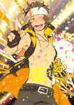  1boy ;d abs bandana belt bouquet brown_eyes brown_hair confetti enjouji_michiru fingerless_gloves flower gloves happy_birthday headset idolmaster idolmaster_side-m jewelry male_focus muscle necklace one_eye_closed open_clothes open_mouth open_vest petals shatou_(c-com) shirtless smile solo vest 