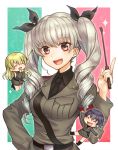  3girls ^_^ anchovy blonde_hair blue_hair braid carpaccio closed_eyes drill_hair girls_und_panzer hair_ribbon hand_on_hip italian_flag knife looking_at_viewer military military_uniform multiple_girls necktie open_mouth pepperoni_(girls_und_panzer) red_eyes ribbon riding_crop silver_hair sparkle totonii_(totogoya) twintails uniform 