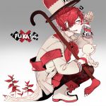  1boy bandaid bandaid_on_nose boots character_name coat flag from_side fukase head_flag headset mini_flag point_(vocaloid) red_eyes redhead squatting verus vocaloid 