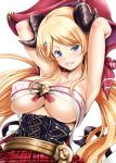  1girl armpits arms_up bandeau bangs bare_shoulders blonde_hair blue_eyes blush breasts collarbone corset cross-laced_clothes eyebrows eyebrows_visible_through_hair eyelashes fang granblue_fantasy grin hair_ornament hairclip harezena hat horns kimura_neito large_breasts long_hair looking_at_viewer looking_to_the_side low_twintails pink_lips plaid plaid_skirt pointy_ears simple_background skirt smile solo strapless twintails under_boob uneven_eyes upper_body white_background 