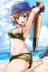  1girl absurdres akiyama_yukari armpits arms_up backwards_hat bangs bare_shoulders barefoot beach bikini blue_hat blush breasts brown_eyes brown_hair camouflage camouflage_bikini cleavage clouds cloudy_sky cowboy_shot eyebrows eyebrows_visible_through_hair girls_und_panzer gloves hat highres holding looking_at_viewer navel okitsugu open_mouth oversized_object sandals sandals_removed shiny shiny_skin short_hair sky solo stomach strap_gap swimsuit tank_shell water 